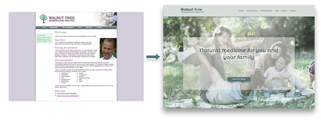 Walnut Tree Homeopathic Practice - old and redesigned homepages