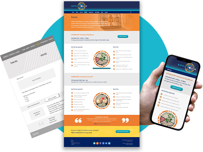 Ripple Touch - wireframe to screen design and phone mockup